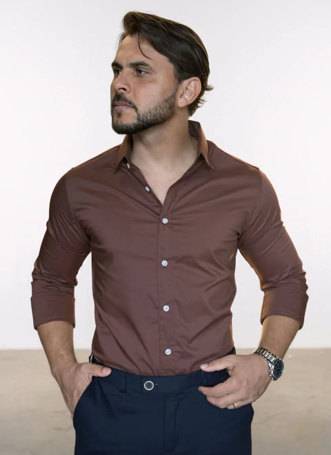 CAMISA SOCIAL MANGA LONGA MARROM
